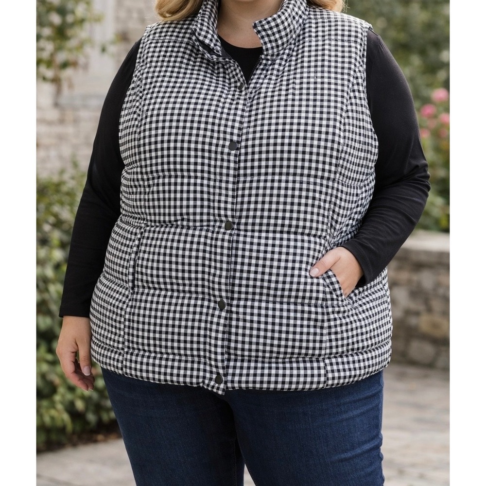 J. Jill‎  Black White Gingham DOWN Puffer 3x Vest Snap Front Mock Neck Spring